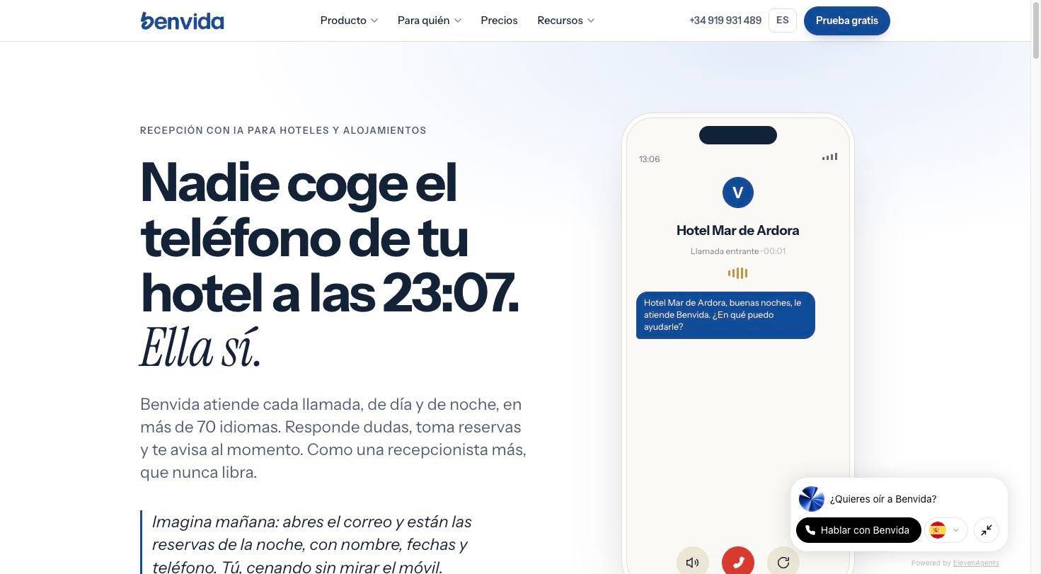Captura do site do Benvida, rececionista telefónico com IA